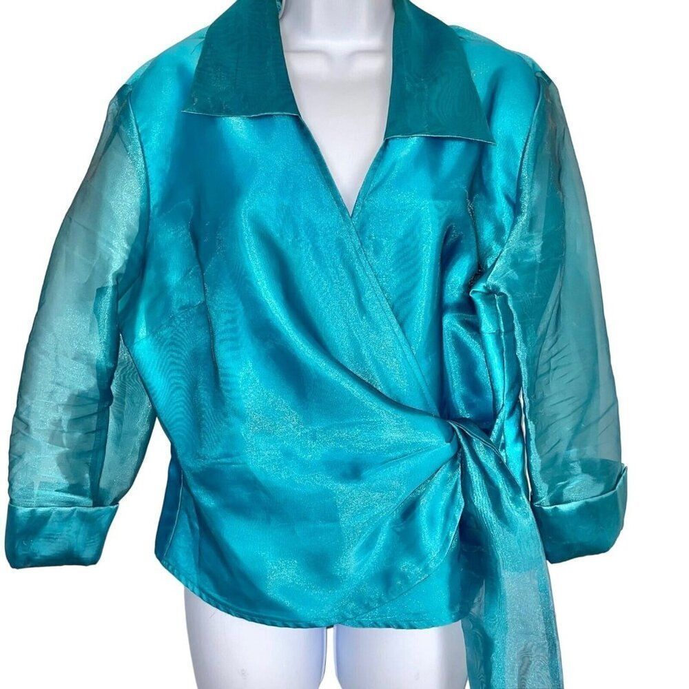 Vintage Helene Blake Womens Jacket Wrap Top XL Petite Blue Sheer